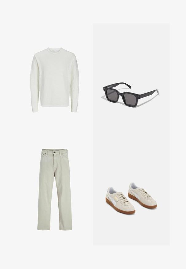 Camicia a maniche lunghe in off-white, tessuto testurizzato. Design con collo a giro e spalle senza cuciture, orlo dritto. Nessun motivo o dettaglio visibile.; Jeans in denim beige chiaro con un design a gamba dritta, stile a cinque tasche e chiusura con bottone in vita, con dettagli di cucitura minimi.; Sneaker in suede beige con dettagli in pelle bianca e suole in gomma marrone. Presentano punta rotonda, lacci e un logo dorato di lato.; Occhiali da sole neri rettangolari con lenti scure, dotati di una montatura spessa, accenti sottili sui lati e senza loghi visibili oltre al nome del marchio.