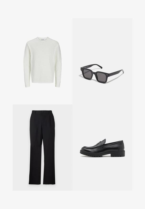 Long-sleeve shirt in off-white, textured fabric. Crew neck design with seamless shoulders and straight hem. No visible patterns or accents.; Only & Sons ONSJEREMY LOOSE PANT - Trousers - black; Black leather loafers with a rounded toe, slip-on design, and thick rubber sole featuring a textured grip. Elevated heel and subtle stitching details.; Black rectangular sunglasses with dark lenses, featuring a thick frame, subtle accents on the sides, and no visible logos beyond the brand name.; Silver stainless steel watch with blue and red bezel, navy face, white hour markers, quartz movement, water-resistant to 200m, and date display.