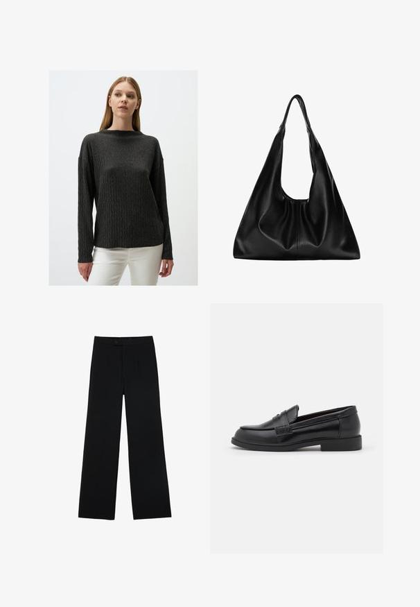 Charcoalgrijze gebreide trui met een geweven zigzagpatroon, lange mouwen en een ronde hals. Ggedragen over witte broek.; Zwarte wijde broek van gladde stof, met een ritssluiting aan de voorkant en twee plooien voor extra detail. Over het geheel een nauwkeurige pasvorm.; Zwarte leren loafers met een gladde textuur, ronde neus, gestikte details op de bovenkant en een lage, platte rubberen zool.; Zwarte leren hobo tas met een zachte, gebogen vorm. Heeft een brede bovenhandgreep en plooien aan de onderkant voor een slappe textuur.