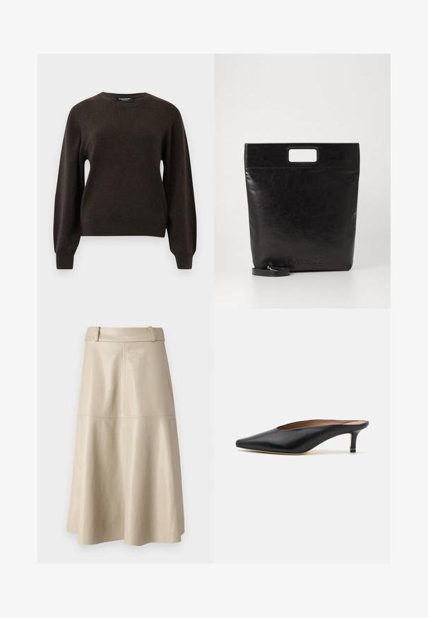 Donkerbruin langemouwen crewneck trui met geribde manchetten en zoom, weergegeven op een effen lichtgrijze achtergrond.; Beige leren midi-rok met een gladde textuur, brede tailleband en uitlopende zoom; heeft gestikte naden voor extra detail.; Zwarte leren muiltjes met een puntige neus en een lage, blokhak. Glad oppervlak met een gestroomlijnd ontwerp. Open achterkant met minimale details.; Zwarte leren draagtas met een vierkant handvat, met een gestructureerde afwerking en een reliëflogo. Inclusief een afneembare schouderband.