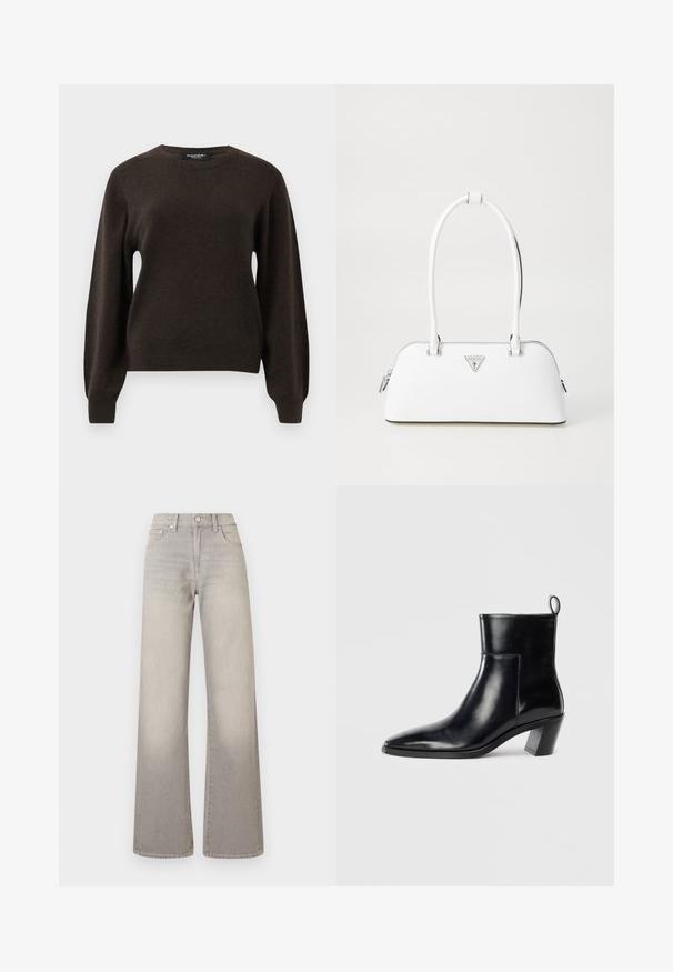 Dark brown long-sleeve crew neck sweater with ribbed cuffs and hem, displayed on a plain light gray background.; Gray wide-leg jeans with a faded finish, button closure, five-pocket design, and stitched detailing along the seams.; Black leather ankle boot with a pointed toe, a geometric stacked heel, and a pull tab at the back. Smooth texture and sleek design.; White leather handbag with a curved shape, featuring a silver triangular logo and zipper closure. Smooth texture and dual handles.