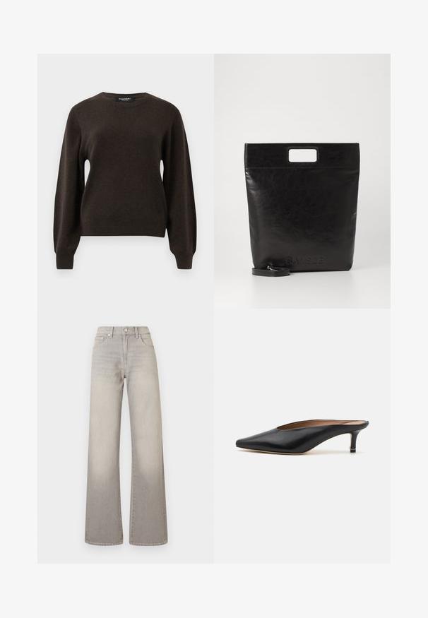 Tumši brūns ilgs piedurknis džemperis ar apaļu izgriezumu un ribota līkuma un apakšmala, parādīts uz vienkārša gaiši pelēka fona.; Pelēki plaša krusta džinsi ar izgaismotu apdari, pogu aizdari, piecu kabatu dizainu un izšūtiem detalizējumiem gar šuvēm.; Melnas ādas mūlas ar norādītu pirkstu un zemu, bloku papēdi. Gluda tekstūra ar elegantu dizainu. Atvērta aizmugure ar minimālu detaļu skaitu.; Melna ādas tote soma ar kvadrātveida rokturi, ar teksturētu apdari un iespiestu logo. Ietver noņemamu siksnu.
