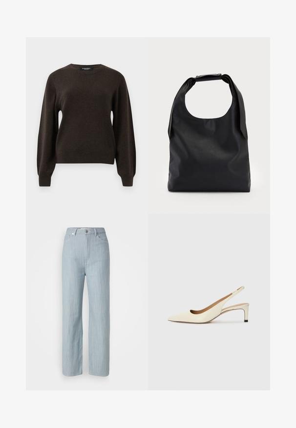 Tmavě hnědý svetr s dlouhým rukávem a kulatým výstřihem, se žebrovanými manžetami a lemem, zobrazený na jednoduchém světle šedém pozadí.; Světlé modré džíny rovného střihu z denimu. Obsahují pět kapes, kovové zapínání a jemné stárnutí pro texturu.; Světlé kožené slingback boty s špičatou špičkou, nízkým podpatkem a výřezovým designem, hladkým povrchem a minimálními akcenty.; Černá kůže hobo taška s jedním měkkým, zaobleným uchopem; má hladkou texturu a minimalistický design. Bez viditelného kovového doplňku nebo akcentů.