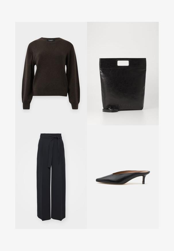 Donkerbruin langemouwen crewneck trui met geribde manchetten en zoom, weergegeven op een effen lichtgrijze achtergrond.; Zwarte wijde broek van zachte stof. Voorzien van een ceintuur en plooien aan de voorkant. Glad textuur met een strakke, hedendaagse stijl.; Zwarte leren muiltjes met een puntige neus en een lage, blokhak. Glad oppervlak met een gestroomlijnd ontwerp. Open achterkant met minimale details.; Zwarte leren draagtas met een vierkant handvat, met een gestructureerde afwerking en een reliëflogo. Inclusief een afneembare schouderband.