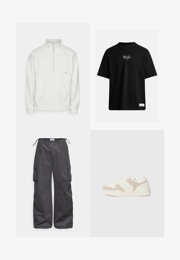 Biely fleeceový pulover s polovičným zipsom na golieri. Obsahuje obdĺžnikový panel na hrudi a malé logo na ľavej strane. Mäkká textúra.; Čierne tričko s krátkym rukávom vyrobené z bavlny. Obsahuje malé biele logo na hrudi a obdĺžnikový štítok v pravom dolnom rohu.; Sivé cargo nohavice s textúrovanou tkaninou, elastickým pásom, šnúrkou a detailmi postranných vreciek. Voľný strih s širokými nohavicami.; Biele a béžové tenisky s kombináciou hladkej a semišovej textúry, okrúhlym špičkou, šnurovaním a plochou gumovou podrážkou.