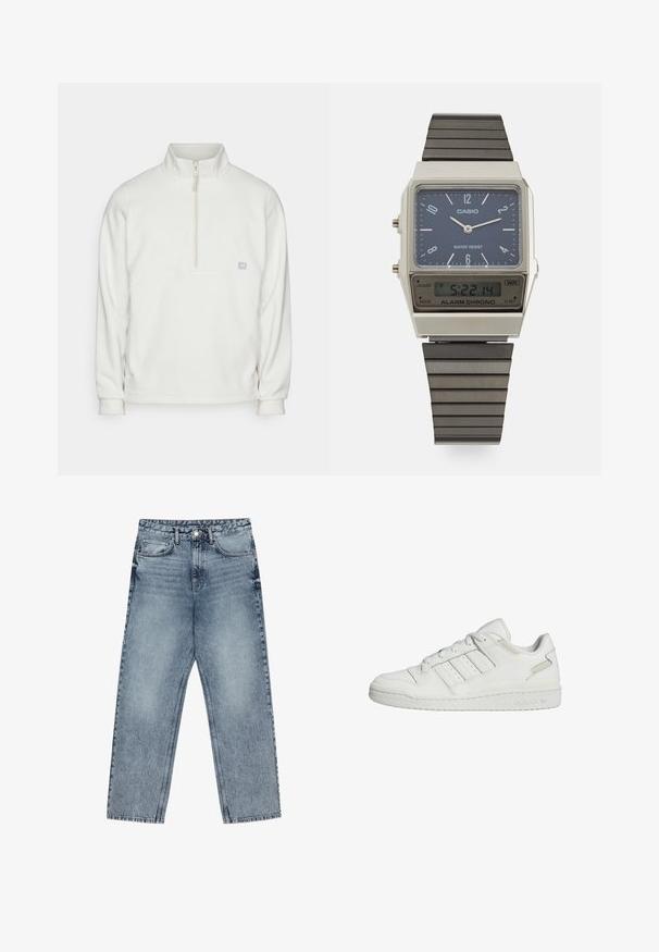 Fehér gyapjú pulóver félig cipzáros gallérral. Téglalap alakú mellpanel és egy kis logó található a bal oldalon. Puha tapintású.; Világoskék farmernadrág egyenes szárú szabással, látható varrással, öt zsebes kialakítással és gombos derékkal.; Fehér Adidas alacsony szárú sportcipő, három csíkkal az oldalon, fűzős záródással és párnázott talppal.; Casio digitális óra kékkel díszített számlappal, ezüst tokban és rétegezett fekete gumiszíjjal. Idő- és riasztásbeállításokat mutat. Vízálló.