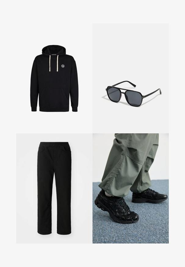 Zwarte hoodie van katoen, met een voorzak in kangoeroestijl, off-white trekkoorden en een ronde logopatch op de borst.; Zwarte katoenen broeken met een relaxte pasvorm, een elastische tailleband, twee steekzakken en rechte pijpen. Soepele textuur zonder zichtbare patronen.; Zwarte sport sneakers met glanzende en mesh texturen, voorzien van een dikke zool en veters, gecombineerd met losse olijfgroene cargobroeken.; Zwarte zonnebril met een octagonaal frame, donkere lenzen, glanzende afwerking, dunne tempels en gouden accenten aan de voorkant.