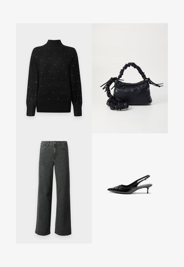 Schwarzer Rollkragenpullover mit geripptem Kragen und Ärmeln, verziert mit verstreuten metallischen Verzierungen über den gesamten Körper.; Weite Jeans aus dunkelgrauem Denim, mit einer subtilen Zebra-Muster-Struktur, kontrastierenden Nähten und einem Fünf-Taschen-Design mit einem Knopfverschluss.; Schwarze Leder-Slingback-Absätze mit einer spitzen Zehenform, kleinen Kitten-Absätzen und einem dekorativen Knoten-Detail auf der Vorderseite. Glatte Textur über die gesamte Fläche.; Schwarze Handtasche aus Kunstleder mit Krokodilstruktur, gerafftem oberen Teil und einem geschoppten Tragegurt. Sie wirkt weich und kompakt im Design.