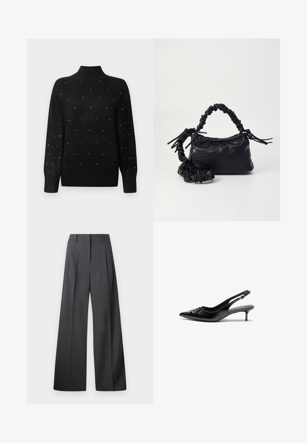 Svart polotröja med ribbad krage och ärmar, prydd med spridda metalliska dekorationer över hela kroppen.; Vida byxor i mörkgrått tyg, med hög midja, enkla veck och en mjuk yta med en ren finish vid fållen.; Svart läderslingback med spetsig tå, låg klack i kattunge-stil och veckdetalj på framdelen. Slät textur och minimalistisk design.; Svart faux läderhandväska med krokodiltextur, snodd topp och en skrämd rem. Ser mjuk och kompakt ut i designen.