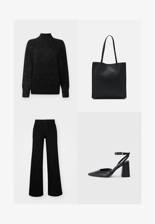Black turtleneck sweater featuring a ribbed collar and sleeves, adorned with scattered metallic embellishments throughout the body.; Black wide-leg pants made of denim, featuring a structured waistband, belt loops, and front pockets. Smooth texture with a classic design.; Black leather pointy-toe pump with an ankle strap and a chunky heel. Flat texture, sleek design, and minimalistic aesthetics.; Black leather tote bag with smooth texture, rectangular shape, and two long handles. No visible hardware or embellishments.