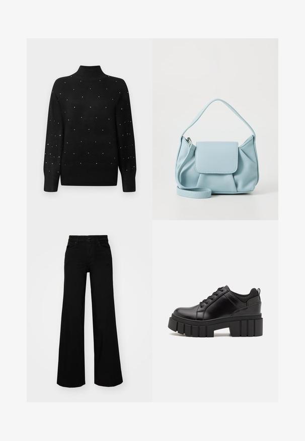 Zwarte coltrui met een geribbelde kraag en mouwen, versierd met verspreide metallic versieringen over het lichaam.; Zwarte wijdvallende broek van denim, met een gestructureerde tailleband, riemlussen en voorzakken. Glad van textuur met een klassiek ontwerp.; Zwarte leren platform schoenen met een stevige blokhak, ronde neus en een traditionele vetersluiting. Kenmerkt zich door een gladde textuur en minimale details.; Lichtblauwe leren handtas met een bovenhandvat, een voorklepzak en een afneembare polsband op een witte achtergrond.