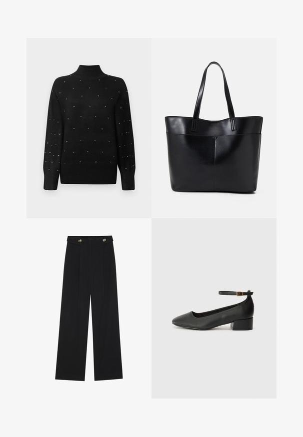 Must mustrits, millel on ribitud krae ja varrukad, kaunistatud kehale laiali jaotatud metallsete kaunistustega.; Mustad laiad püksid kõrge vöökoha ja nööpdetailidega vööandil, esikortsudega.; Must mustaapp, millel on terav nina ja madal blokk-kand. Omab pahkluu rihma koos kuldse tooni pandlaga. Sile tekstuur.; Must mustaga musta nahast, millel on kaks pikka kanda, sile tekstuur ja struktureeritud kuju. Esipoolsel on lisakoti jaoks tasku.