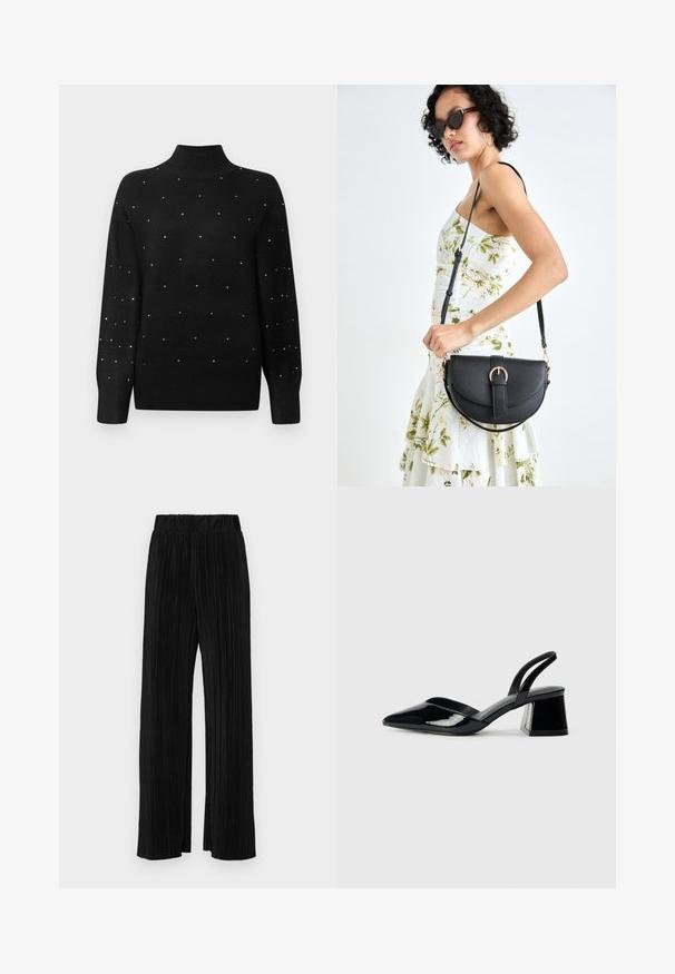 Svart pistolgenser med ribbet krage og ermer, prydet med spredte metallisk dekorasjoner over hele kroppen.; Sorte plisserte bukser med elastisk midje. Har vide ben og et glatt, strukturert stoff med vertikale striper.; Svarte patentlær slingback hæler med spiss tå og geometrisk blokk hæl. Har et stilrent, minimalistisk design og jevn tekstur.; Svart lærveske med en buet form, avtagbar stropp og gullbeslag. Vesken har et klaff med spenne-detall.