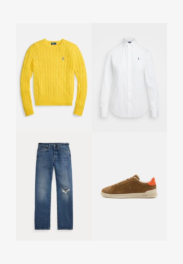 Geltonas kabelinės mezgimo megztinis su apvalia iškirpte, ribinėmis rankovėmis ir apačia, krūtinėje mėlynas siuvinėtas logotipas. Minkštos tekstūros.; Balta marškiniai su išilginiais atvartais, ilgomis rankovėmis ir mažai mėlyna logotipu kairėje krūtinės pusėje. Pagaminti iš medvilnės audinio.; Mėlyni džinsai su vidutiniais liemeniu, penkiomis kišenėmis ir suplėšymu dešiniajame kelyje.; Rudos zomšos sportiniai bateliai su kreminiu guminio pado, su oranžiniais akcentais ant kulno ir mažo logotipo detale šone.
