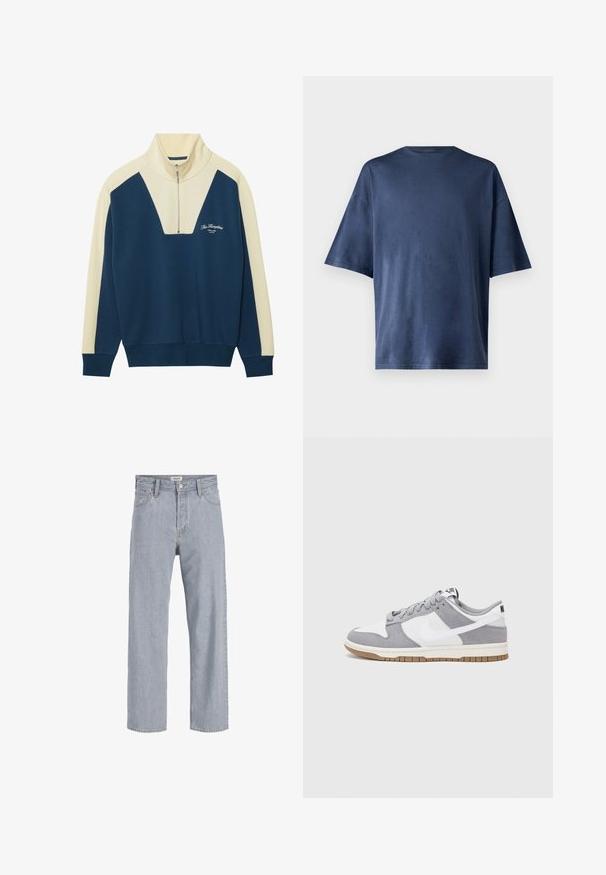 Navy and cream pullover sweater with a half-zip collar, featuring a V-shaped design and logo text on the chest. Soft cotton blend material.; Navy blue short-sleeve T-shirt, made of soft fabric, features a classic crew neck and relaxed fit, with no visible patterns or accents.; Light blue denim jeans with a relaxed fit, straight leg design, visible stitching, two front pockets, and a button closure.; Gray and white sneaker with a suede and leather upper, rounded toe, flat laces, and a rubber sole featuring a gum accent.