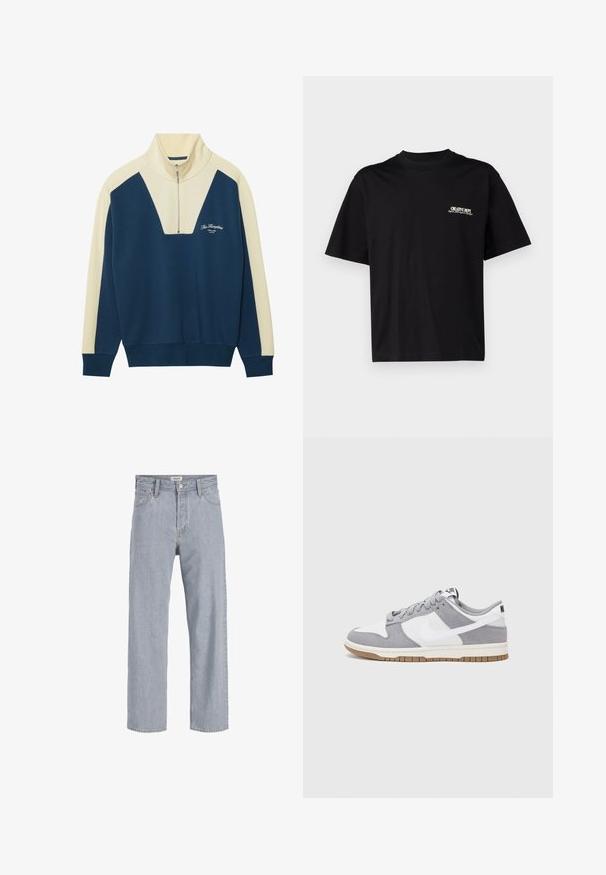 Maglione a pullover blu navy e crema con colletto a half-zip, caratterizzato da un design a forma di V e testo del logo sul petto. Materiale in morbido misto cotone.; T-shirt in cotone nero con maniche corte, scollatura rotonda e stampa in bianco e oro sulla parte sinistra del petto, caratterizzata da una vestibilità rilassata.; Jeans in denim azzurro chiaro con vestibilità rilassata, design a gamba dritta, cuciture visibili, due tasche frontali e chiusura con bottone.; Sneaker grigia e bianca con tomaia in suede e pelle, punta arrotondata, lacci piatti e soletta in gomma con un accento color caramello.