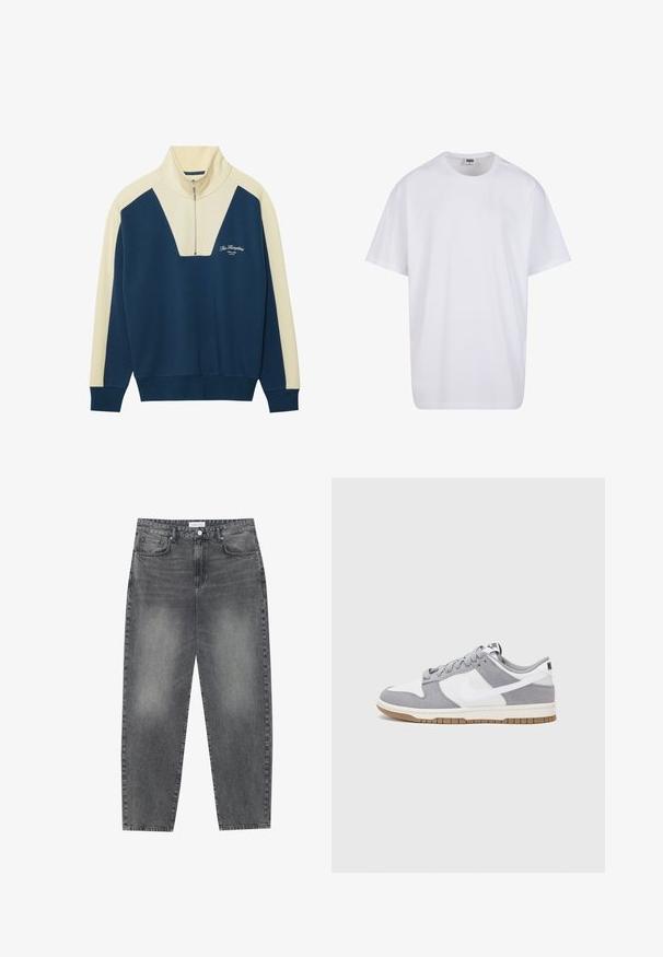 Marineblå og kremfarget genser med halv-glidelås og V-formet design, samt logo tekst på brystet. Myk bomullsblanding.; Hvit bomull t-skjorte med korte ermer, rund utringning, avslappet passform, og ingen synlige logoer eller mønstre. Glatt tekstur og minimalistisk design.; Høyt liv, løstsittende jeans i falmet svart denim. Har fem lommer, beltehemper og et rent, rett ben-design.; Grå og hvite sneakers med overdel i semsket skinn og lær, rund tå, flate lisser, og gummisåle med gummibelegg.