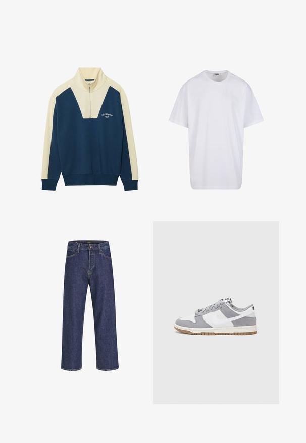 Suéter de tirante en navy y crema con cuello de media cremallera, que presenta un diseño en forma de V y texto de logo en el pecho. Material suave de mezcla de algodón.; Camiseta blanca de algodón con mangas cortas, cuello redondo, corte relajado y sin logotipos ni patrones visibles. Textura suave y diseño minimalista.; Vaqueros de mezclilla azul oscuro con corte recto, diseño de cinco bolsillos, cierre de botón metálico y costuras en contraste, que presentan una sutil textura.; Zapatilla gris y blanca con parte superior de ante y cuero, puntera redondeada, cordones planos y suela de goma con un acento de goma.