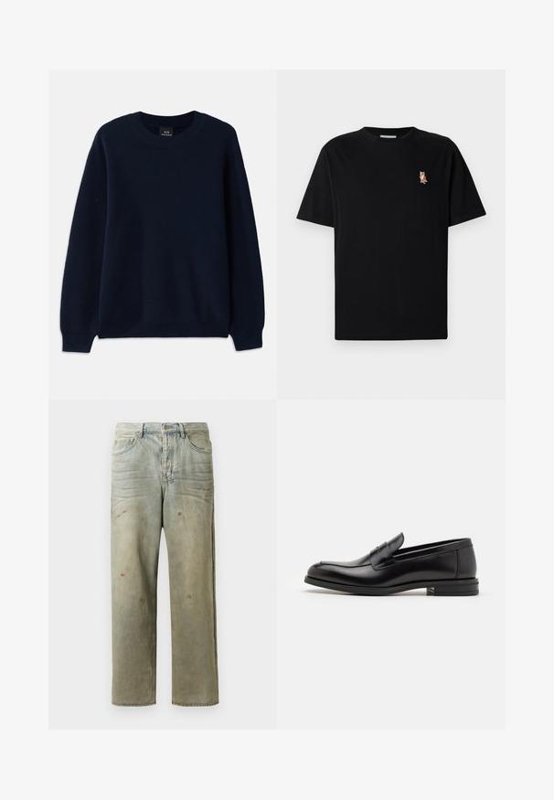 Jūras zila ribota džemperis ar apaļu kakla izgriezumu un garām piedurknēm. Satur teksturētu rakstu visā audumā.; Melna īsām piedurknēm T-krekls ar apļa izgriezumu un nelielu izšūtu oranžu lapsas logo kreisajā krūtīs.; Izsistās džinsās gaisā zaļā krāsā, ar taisnu kāju, piecu kabatu dizainu un nevienmērīgu izbalēšanu, kā arī krāsas šļakatas.; Melnas ādas kurpes ar gludu tekstūru, noapaļu purngalu un dekoratīvu siksniņu pāri priekšpusei. Zems sakrauts papēdis, minimālisma dizains.