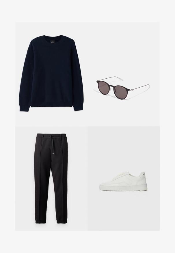 Jūras zila ribota džemperis ar apaļu kakla izgriezumu un garām piedurknēm. Satur teksturētu rakstu visā audumā.; Melnā kokvilnas T-kreklu ar apaļu kakla izgriezumu, īsām piedurknēm un balto "EMPORIO ARMANI" logotipu virs vārda "Milano" izliektā dizainā.; Melni bikses ar jostu, staipāmu un elastīgām aprocēm. Ar krokām un gludu, teksturētu audumu.; Baltas ādas sneakers ar gludu virsmu, apaļu pirkstu daļu, plakaniem šņorēm un teksturētu zoli. Satur diskrētu logotipu uz papēža.; Melni apaļi saulesbrilles ar tumšiem lēca un plānām metāla stangām. Iekļautas caurspīdīgas tempļu galviņas un sudraba akcenti pie eņģes. Minimalistisks dizains.