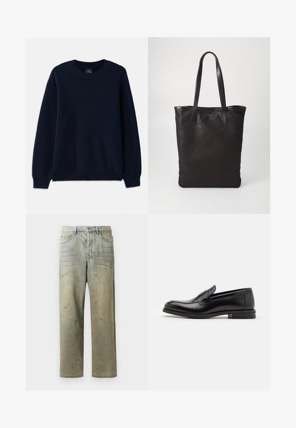 Námořnická modrá pletená svetr s kulatým výstřihem a dlouhými rukávy. Má texturovaný vzor po celém materiálu.; Odstřižené džíny v světle zelené barvě, se rovnými nohavicemi, pěti kapsami a nerovnoměrným vyblednutím s barevnými skvrnami.; Černé kožené polobotky s hladkou texturou, zaoblenou špičkou a zdobným páskem přes nárt. Nízký stohovaný podpatek, minimalistický design.; Černá plátěná taška s černými koženými uchy. Jednoduchý design, prostorné tělo a hladký povrch. Žádné viditelné loga ani vzory.