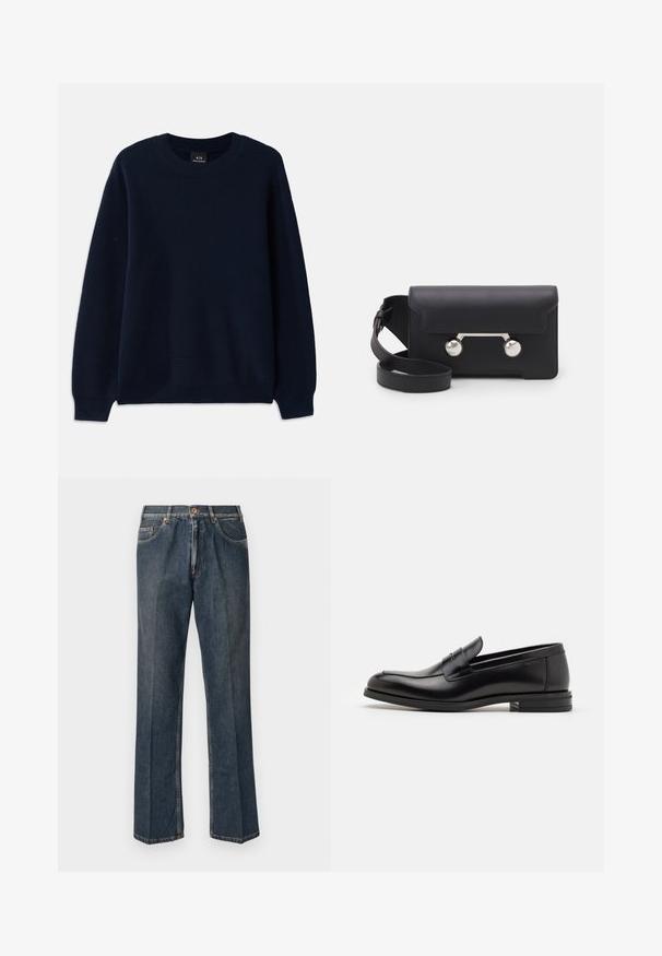 Tmavomodrý rebrovaný sveter s okrúhlym výstrihom a dlhými rukávmi. Obsahuje textúrovaný vzor po celom materiáli.; Tmavomodré rovné džínsy s predným gombíkom, zipsom, dvojitými prednými vreckami a viditeľnými vertikálnymi pukmi pozdĺž nohavíc.; Čierne kožené mokasíny s hladkou textúrou, zaoblenou špičkou a dekoračným pásikom cez priehlavok. Nízky vrstvený opätok, minimalistický dizajn.; Čierna kožená crossbody taška s klopovým uzáverom, strieborné nity a dve okrúhle ozdoby. Obsahuje odnímateľný popruh. Hladký povrch.