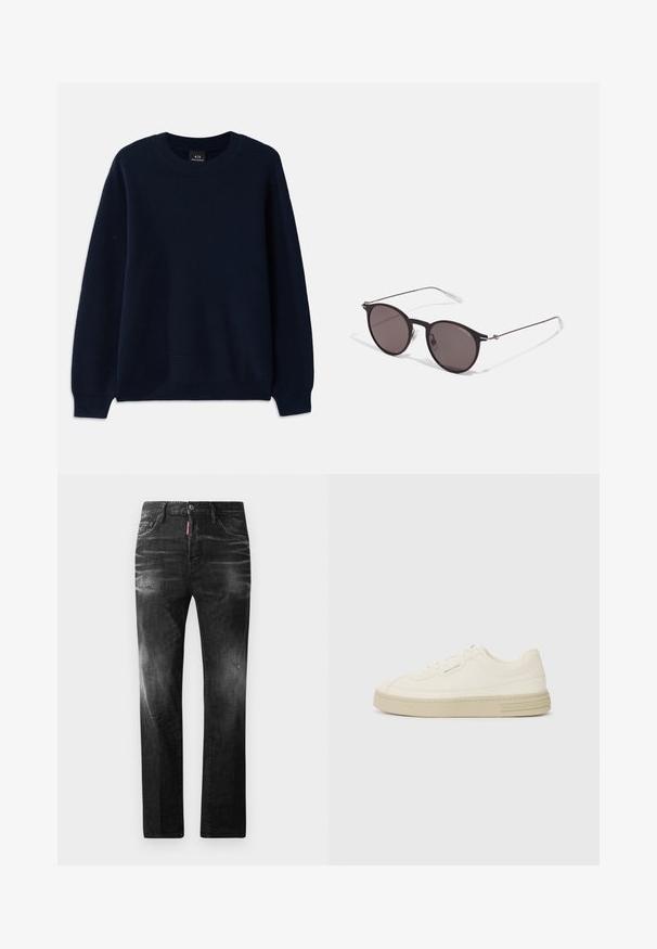 Námořnická modrá pletená svetr s kulatým výstřihem a dlouhými rukávy. Má texturovaný vzor po celém materiálu.; Černé džíny z denimu se rovnými nohavicemi. Obsahují vybledlé oblasti, drobné poškození, klasický pětikapsový design a zapínání na knoflík.; Bílé plátěné tenisky s texturovanou gumovou podrážkou, se šitým špičkovým krytem a logem na patě. Jednoduchý design na šněrování.; Černé kulaté sluneční brýle s tmavými skly a tenkými kovovými nohami. Obsahují průhledné koncovky nožiček a stříbrné akcenty na pantu. Minimalistický design.