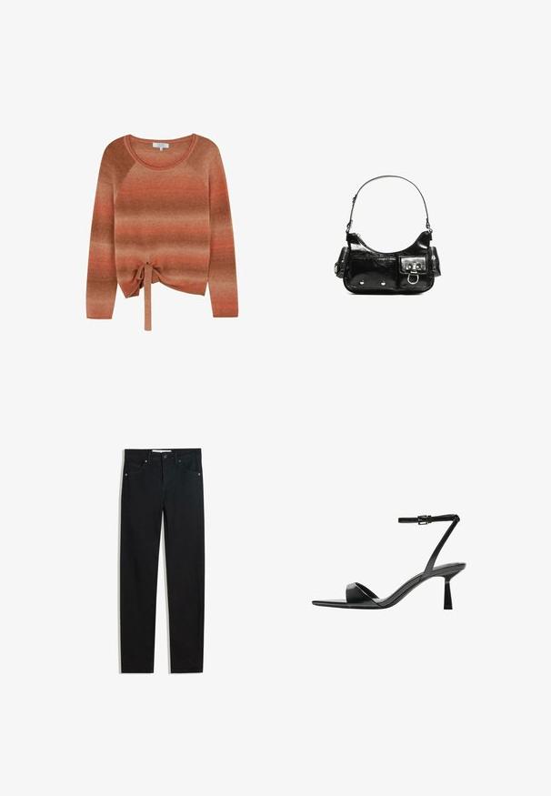 Pulover tricotat în nuanțe calde de portocaliu și brun, cu guler rotund, mâneci raglan și un detaliu legat la tivul de la talie.; Pantaloni din denim negri cu un design drept, cinci buzunare, închidere cu nasture metalic și detalii subtile de cusătură. Textură netedă.; Bershka Sandale cu toc - black; Geantă de mână din piele lăcuită neagră, cu o formă curbată, un umăr, buzunare frontale și accente din metal argintiu.