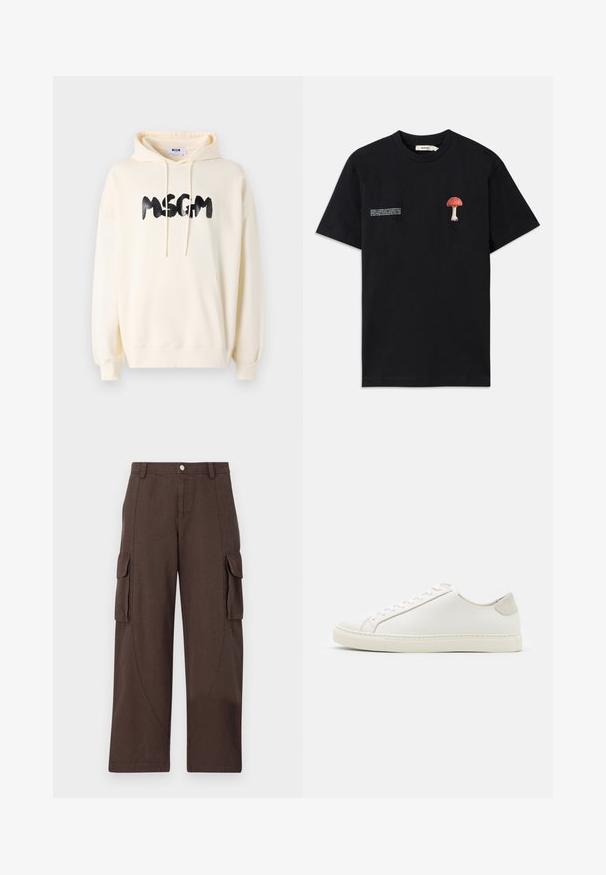 Kremfarget hettegenser med frontlomme, snor i hetten og svart "MSGM"-logo. Har ribbestrikkede mansjetter og nederkant, laget av myk stoff.; Svart bomull T-skjorte med teksturert rød soppbroderi på venstre bryst og hvite tekstgrafikker på motsatt side.; Han Kjøbenhavn CARGO TROUSERS - Cargobukse - dark brown; Hvite lærersneakers med en jevn overflate, rund tå og minimalistisk design. Har beige detaljer på hælen og en gummisåle.