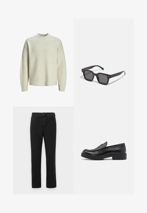 Svijetlosmeđi pleteni pulover s teksturiranim, vafl uzorkom. Ima visoki ovratnik i rebrasti rukave i donji rub. Mekana, srednje teška tkanina.; Crne traperice ravnog kroja s prednjim zaklopenim dugmetom i zatvaračem, petljama za remen i dizajnom s pet džepova, prikazane na bijeloj pozadini.; Crne kožne loferice s okruglim vrhom, jednostavnim dizajnom za obuvanje i debelim gumiranim đonom s teksturiranim gripom. Povišeni potplat i diskretni detalji šivanja.; Crne pravokutne sunčane naočale s tamnim lećama, debljeg okvira, suptilnim naglascima sa strane i bez vidljivih logotipa osim imena brenda.