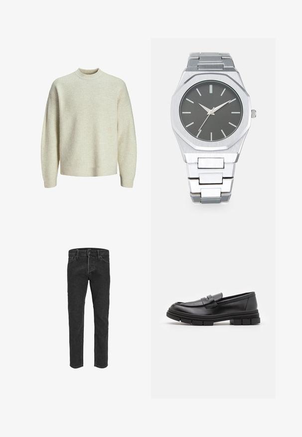 Helle beige Strickjacke mit einem strukturierten Waffelmuster. Mit hohem Kragen und gerippten Bündchen und Saum. Weicher, mittelschwerer Stoff.; Schwarze Jeans aus Denim mit geradem Bein, fünf Taschen und Gürtelschlaufen, mit einer leicht verblassten Textur und Kontrastnähten.; Schwarze Lederloafer mit glatter Oberfläche, ausgestattet mit einem vorderen Riemendetail und einer klobigen Gummisohle mit gerippten Akzenten.; Silberne Analog-Uhr mit achteckigem Gehäuse, grauem Zifferblatt, silbernen Stundenmarkierungen und einem Armband aus Edelstahl. Minimalistisches Design mit glatter Textur.