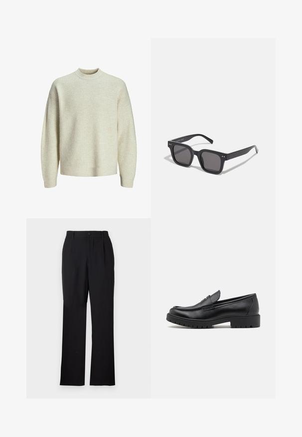 Lys beige striktrøje med et struktureret vaffelmønster. Har en høj hals samt ribbede manchetter og kant. Blød, mellemvægtig stof.; Only & Sons ONSJEREMY LOOSE PANT - Bukser - black; Sorte læder loafers med rund tå, slip-on design og tyk gummisål med tekstureret greb. Forhøjet hæl og subtile syninger.; Sorte rektangulære solbriller med mørke linser, der har en tyk ramme, subtile detaljer på siderne og uden synlige logoer udover mærkenavnet.; Casio kvarts armbåndsur med en sort skive, sølvfarvet rustfrit stål armrem, store hvide og røde tal, samt vandtæt op til 200 m.