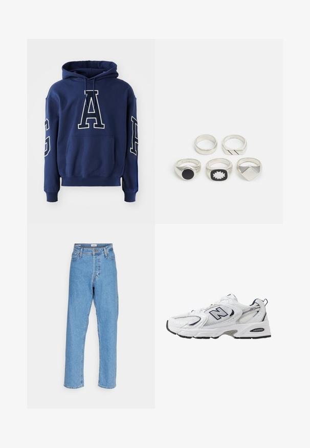 Marinblå hoodie med känguruficka, prydd med vita broderade bokstäver "G" och "A" på framsidan och ärmen, tillverkad av ett mjukt material.; Ljusblå högmidjade raka jeans med framknapp, dragkedja, bälteshällor och femfickorsdesign på vit bakgrund.; Vit sportskor med överdel i mesh, marinblå accenter och dämpad sula. Har "N"-logotyp, snörning och texturerad detalj på sidan.; Fem silveringar: en med en svart, cirkulär detalj, en med ett vitt och svart geometriskt mönster, och andra med olika former och ytbehandlingar.