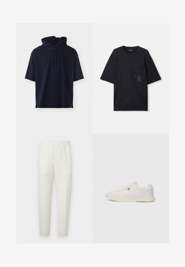 Sweatshirt com capuz de manga curta em azul-marinho, feito de um tecido suave, com fecho de cordão na parte da frente e um corte descontraído. Sem padrões ou detalhes.; T-shirt preto de manga curta com decote redondo e um bolso com aba no lado esquerdo do peito, apresentando um pequeno patch retangular de logotipo.; Calças brancas de corte slim com cintura elástica, apresentando dois bolsos laterais e uma textura suave e ligeiramente brilhante.; Sapatilha branca de cano baixo com fecho de atacadores, sola lisa e pequeno logótipo metálico na lateral, mostrada em fundo simples.