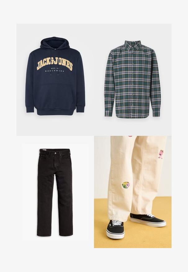 Sudadera azul marino con un bolsillo tipo canguro en la parte frontal, cordones, y un gráfico de texto en amarillo bold "JACK & JONES" sobre "EST. 1990" y "WORLDWIDE."; Camisa de franela verde con un patrón a cuadros que presenta líneas en azul, blanco y amarillo mostaza. Con botones en el frente y cuello puntiagudo. Mangas largas.; Vaqueros de mezclilla negros de pierna recta con cinco bolsillos, cierre de botón y trabillas para cinturón, dispuestos sobre un fondo blanco.; Pantalones de algodón beige con divertidos diseños bordados que incluyen un personaje rosa y un bloque de color, combinados con zapatillas negras de cordones.