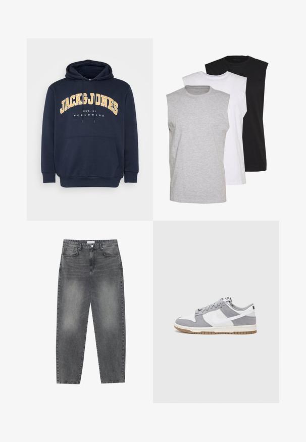 Navyblauwe hoodie met een voorste kangoeroezak, trekkingkoord en gedurfde gele tekstafbeelding "JACK & JONES" boven "EST. 1990" en "WORLDWIDE."; Drie mouwloze T-shirts in grijs, wit en zwart. Zacht katoenmateriaal met een ronde hals en een relaxte pasvorm. Eenvoudig ontwerp, geen patronen.; Hoge taille, losvallende jeans van vervaagd zwart denim. Beschikt over vijf zakken, riemlussen en een schone, rechte broekspijp ontwerp.; Grijze en witte sneaker met een bovenwerk van suede en leer, ronde neus, platte veters en een rubberen zool met een gumaccent.
