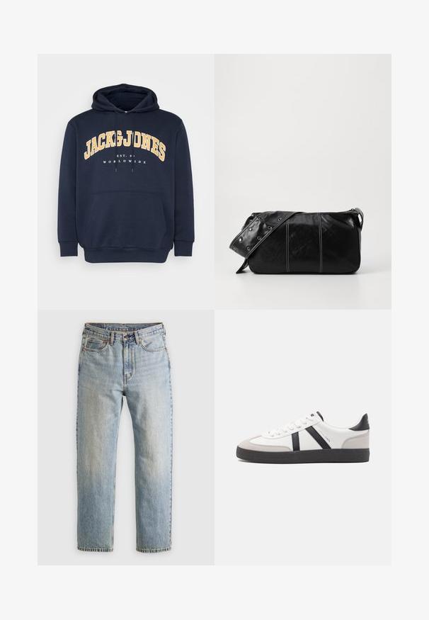 Navy blue hoodie with a front kangaroo pocket, drawstrings, and bold yellow "JACK & JONES" text graphic above "EST. 1990" and "WORLDWIDE."; Light blue denim jeans with high waist, front button, zipper, and five-pocket design, laid flat on a neutral background.; White sneaker with black and gray accents, featuring a textured gray toe cap, black rubber sole, and flat white laces. Clean design, minimalist style.; Black leather shoulder bag with a zip closure, featuring a textured body, white stitching, and a strap with silver grommets.