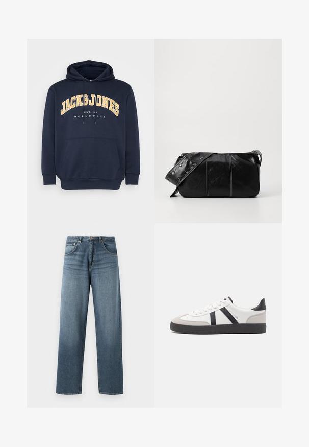 Felpa con cappuccio blu navy, con tasca frontale a kangaroo, cordini e una grafica testuale gialla audace "JACK & JONES" sopra "EST. 1990" e "WORLDWIDE."; Jeans in denim blu a gamba dritta con un lavaggio sbiadito, dotati di cinque tasche, bottone in metallo e passanti per cintura. Tessuto strutturato di peso medio.; Sneaker bianco con accenti neri e grigi, dotata di una punta grigia testurizzata, suola in gomma nera e lacci bianchi piatti. Design pulito, stile minimalista.; Borsa a spalla in pelle nera con chiusura a zip, caratterizzata da un corpo testurizzato, cuciture bianche e una tracolla con occhielli in argento.