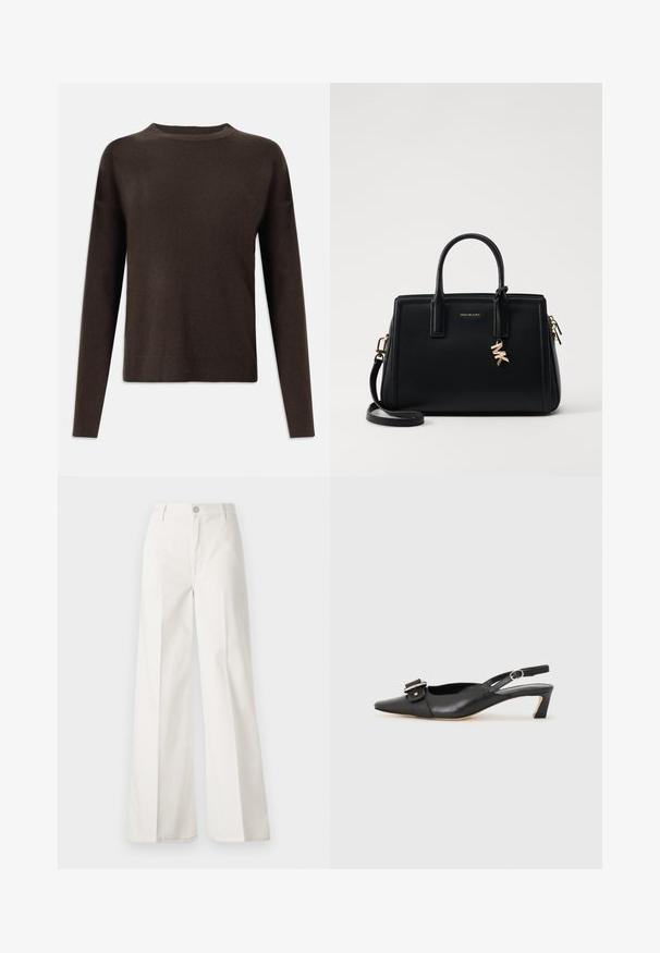 Mørkebrun langermet strikkegenser med rund hals og ribbestrikkede mansjetter og nederkant, vist mot en enkel hvit bakgrunn.; Hvite vide bukser laget av bomull med en glatt tekstur. Har en frontknapp, glidelåsgylf og fire lommer.; Svarte skinn slingback-sko med spiss tå, liten hæl og dekorativ spenne-detalj på overdelen. Glatt tekstur, minimalistisk design.; Svart skinnhåndveske med strukturert design, doble topphåndtak, avtakbar skulderrem, gullfarget hardware og en logo-detalj.