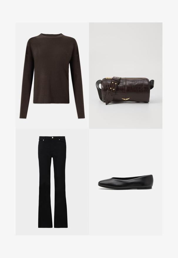 Dark brown long-sleeve knit sweater with crew neck and ribbed cuffs and hem, displayed on a plain white background.; Black flared jeans made of denim, featuring two front pockets, a button closure, and a smooth texture. Signature stitching visible at seams.; Paul Smith TOPANGA - Ballet pumps - black; Brown crocodile-embossed leather bag with a cylindrical shape, gold-tone hardware, and a detachable strap featuring studs.