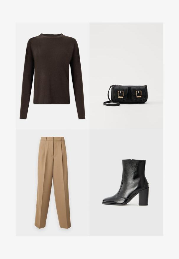Temno rjav dolgi pulover z dolgimi rokavi, okroglim izrezom in rebrastimi manšetami ter robom, prikazan na navadni beli podlagi.; Bež hlače z visokim pasom, gubanim sprednjim delom in širokim krojem. Tkanina se zdi gladka z rahlim sijajem.; Črne usnjene gležnarske čevlje z gladko teksturo, koničastim nosom in debelim visokim petam. Imajo stransko odprtino in minimalističen dizajn.; Črna usnjena torbica čez ramo z dvema sprednjima žepoma, zlatimi zaponkami, zadrgo in ozkim pasom. Tekstura površine je strukturirana, obliko pa ima kompaktno pravokotno.