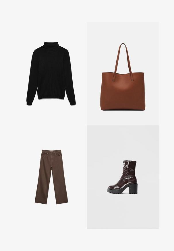 Črni pulover s polrolim iz pletenega blaga. Ima dolge rokave, rebrast ovratnik in sproščen kroj. Brez vidnih vzorcev ali poudarkov.; Široke rjave kavbojke iz denima, ki imajo visok pas, sprednje žepe in klasično zapiranje na gumb. Gladka tekstura s subtilnim šivom.; Sijajan škrlatank z bleščečim videzom, z masivnim črnim peto, ki se ponaša z gladko teksturo in preprostim dizajnom. Brez vidnih zapenjal ali vzorcev.; Rjava usnjena torba z gladko teksturo, odprto zasnovo zgoraj in dvema naramnima trakovoma. Opremljena je z minimalnim šivanjem in brez vidnih kovinskih delov.