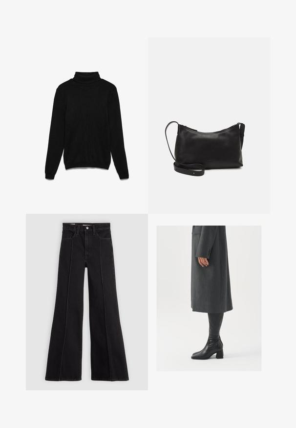 Svart turtleneck-genser laget av strikket stoff. Har lange ermer, ribbestrikket krage og en avslappet passform. Ingen synlige mønstre eller detaljer.; Svart høy midje vide ben jeans med sømdetaljer foran, knappelukking, beltehemper og frontlommer på en enkel lys bakgrunn.; Grå, skreddersydd frakk med rett snitt; kombinert med knehøye svarte lærstøvler med firkantet tå og kraftig hæl.; Svart skinn skulderveske med glatt tekstur, buet form, justerbar stropp og glidelås. Minimalistisk design uten dekorasjoner.