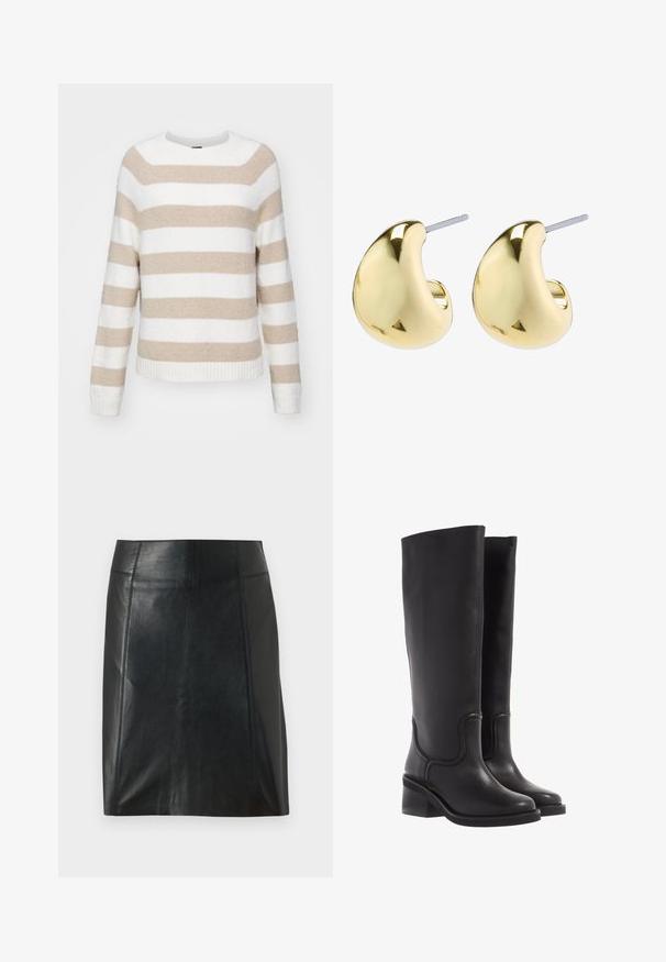 BOSS FEBISAN - Stickad tröja - beige/off-white; Svart läderkjol med en figursydd design. Slät textur, sömmar som markerar formen, och en rak fåll. Minimalistisk och elegant look.; Svarta läderknähöga stövlar med en slät yta, rund tå och en kraftig klack. Har subtila sömmar och en strömlinjeformad design.; Guldfärgade örhängen med en slät, rundad form som har en reflekterande yta och ett stiftbaksid för säker användning.