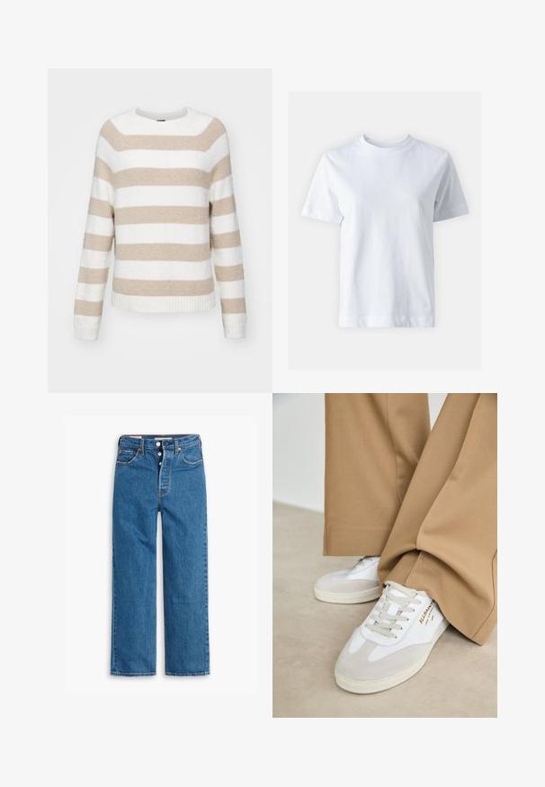 BOSS FEBISAN - Džemperis - beige/off-white; Balta kokvilnas T-krekls ar apaļu izgriezumu, īsām piedurknēm, taisnu griezumu un gludu tekstūru. Nav rakstu vai rotājumu.; Zilo denima taisna griezuma džinsi ar augstu vidukli, piecu kabatu dizainu un pogu aizdari. Pamanāmas šuves un vara krāsas kniedes.; Baltas apavi ar zamša akcentiem, teksturētām šņorītēm un gumijas zoli. Saskaņoti ar brīvām brūnām biksēm. Logo attēlots sānos.