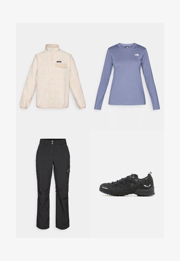 Fleece svetr v barvě slonové kosti se jemným geometrickým vzorem. Má stojatý límec, knoflíkovou lištu a náprsní kapsu se klopou.; Hedvábná košile s dlouhým rukávem v světle fialové barvě, s kulatým výstřihem a logem The North Face v bílé barvě na levé části hrudníku. Hladká textura, volný střih.; Černé venkovní kalhoty se střihy rovného kroje, s knoflíkovým zapínáním, zipovými bočními kapsami a logem na levém stehně.; Černé turistické boty s texturovaným tkaninovým svrškem, šněrovacím systémem a robustní gumovou podrážkou. Ozdobené reflexními detaily a logy.
