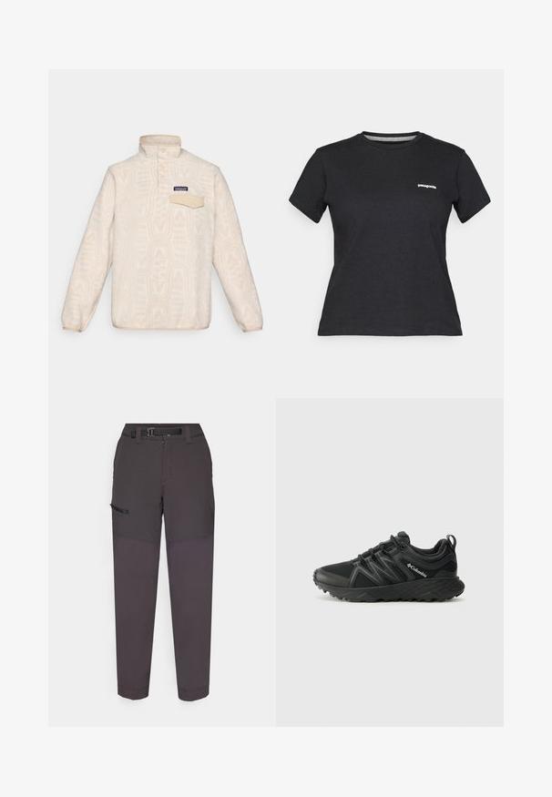 Fleece pullover in off-white met een subtiel geometrisch patroon. Voorzien van een staande kraag, knoopsluiting en een borstzak met klep.; Zwarte katoen T-shirt met een ronde hals en korte mouwen. Beschikt over een wit "Patagonia"-logo op de linker borst.; Donkergrijze cargobroek gemaakt van lichtgewicht stof, met een duurzame tailleband, een ritssluiting aan de frontzijde en een zijzak met een klittenbandklep.; Columbia PEAKFREAK - Outdoorschoenen - black