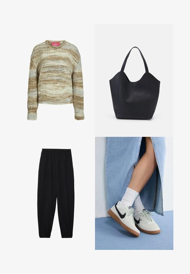 Brązowy i beżowy sweter z dzianiny o prążkowanej fakturze, okrągłym dekolcie i długich rękawach. Posiada faliste paski w jasnych i ciemnych odcieniach.; Czarne, lekkie spodnie z elastycznym pasem i ściągaczami na kostkach. Materiał jest gładki i ma luźny, zwężany krój.; Sneakers Nike z jasnoszarym zamszowym wierzchem, czarnym logo w kształcie łyżwy i gumową podeszwą. Noszone z białymi skarpetkami w prążki i niebieską dżinsową spódnicą.; Czarna torba na ramię wykonana z gładkiej skóry, z zaokrąglonym, otwartym topem i dwoma paskami na ramię oraz minimalistycznym designem.