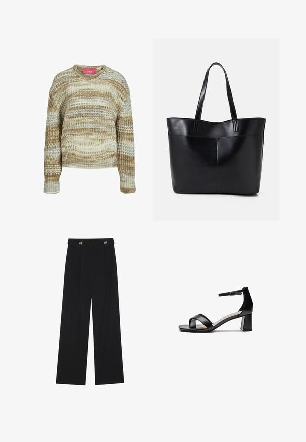 Brūna un bēša adīta džemperis ar ribotu tekstūru, apaļu kakla izgriezumu un garām piedurknēm. Ar viļņotām svītrām gaišās un tumšās krāsās.; Melnas platās bikses ar augstu jostasvietu, pogu detaļām uz jostas un priekšējām krokām.; Melnas atvērtās pirkstgala augstpapēžu čības ar krusteniskām siksnām, regulējamu potītes siksnu un masīlu papēdi, ar gludu ādas virsmu.; Melnas ādas iepirkumu soma ar divām garām rokturām, gludu tekstūru un strukturētu formu. Iekļauj priekšējo kabatu papildu uzglabāšanai.