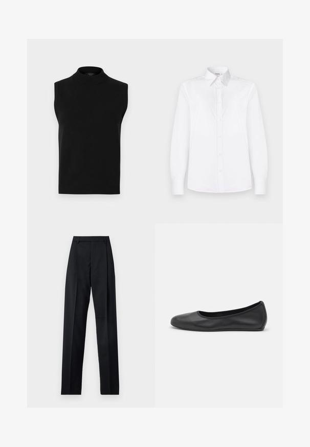 Schwarzes ärmelloses Rollkragenoberteil aus glattem Strickstoff, mit hohem Kragen und geripptem Saum, vielseitig für das Schichten.; Weißes Langarmhemd aus glattem Stoff, mit einem Kragen und einer Knopfleiste mit hellrosa Knöpfen.; Schwarze Hosen aus glattem Stoff mit hoher Taille, weitem Bein, vorderen Falten und klassischen Gürtelschlaufen. Keine sichtbaren Seitentaschen.; Schwarze Leder-Ballettschuhe mit abgerundeter Spitze, glatter Textur, minimalen Nähdetails und einem flexiblen Sohlen-Design.